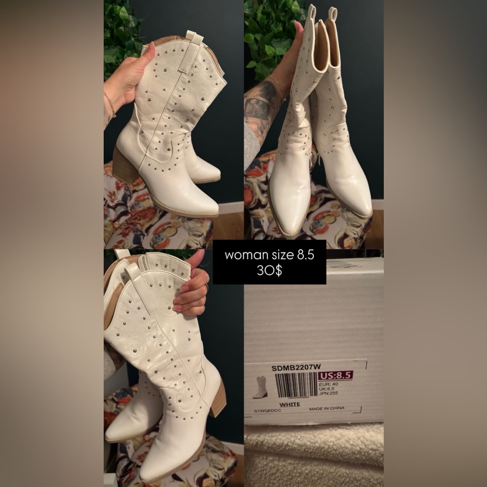Women's White Western Ankle Boots - Size 8.5